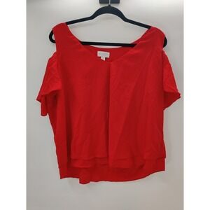 Bisou Bisou Michele Bohbot Cold Shoulder Blouse Tango Crimson Red V-Neck Large